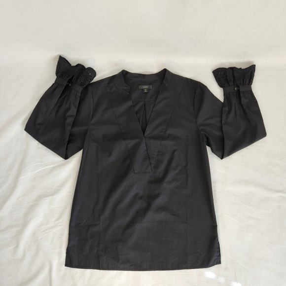 J. Crew  Black Shirt Top 100% Cotton V-neck Long Sleeve with Ruffles Size XS. - Picture 5 of 15
